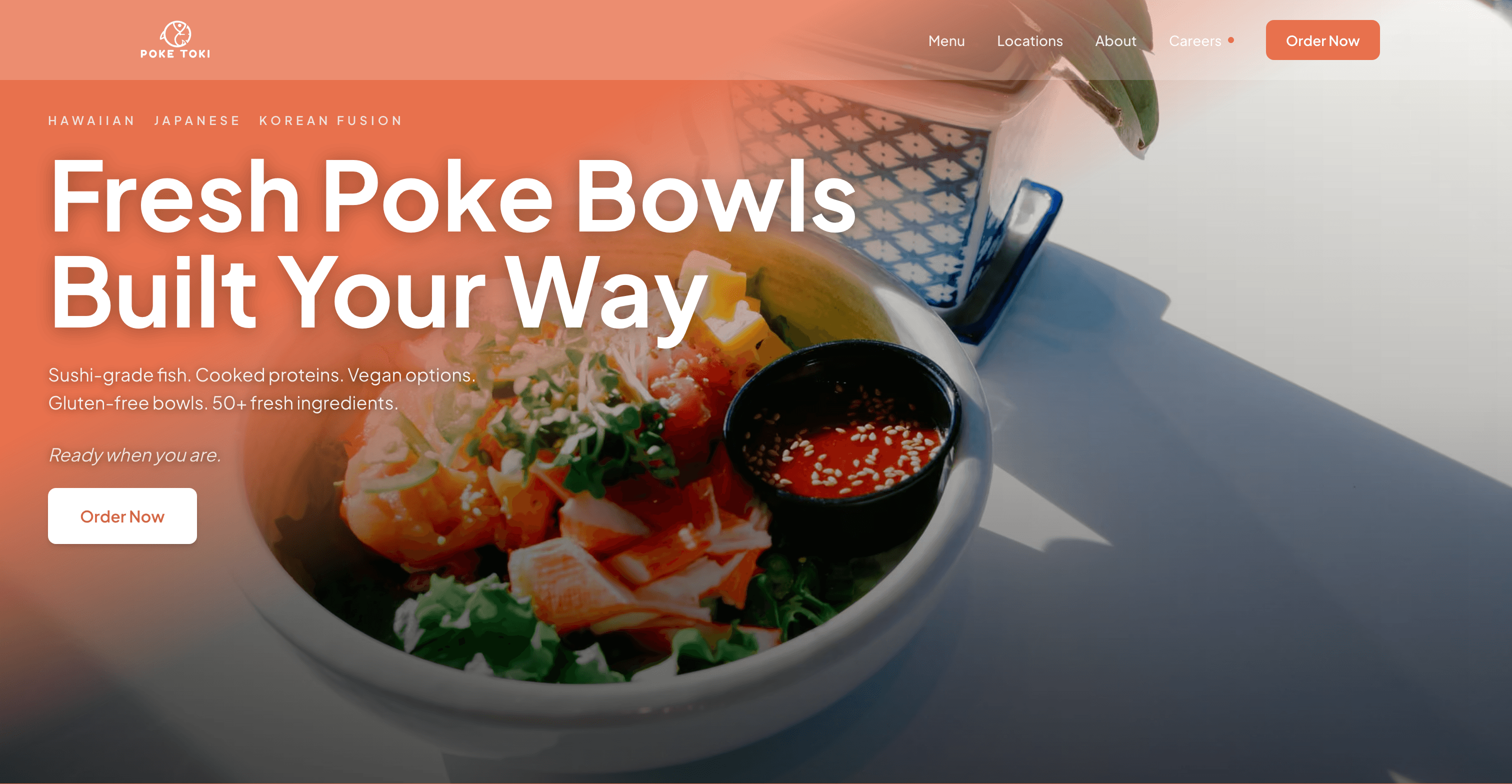 Poke Toki homepage with a fresh poke bowl and ordering links
