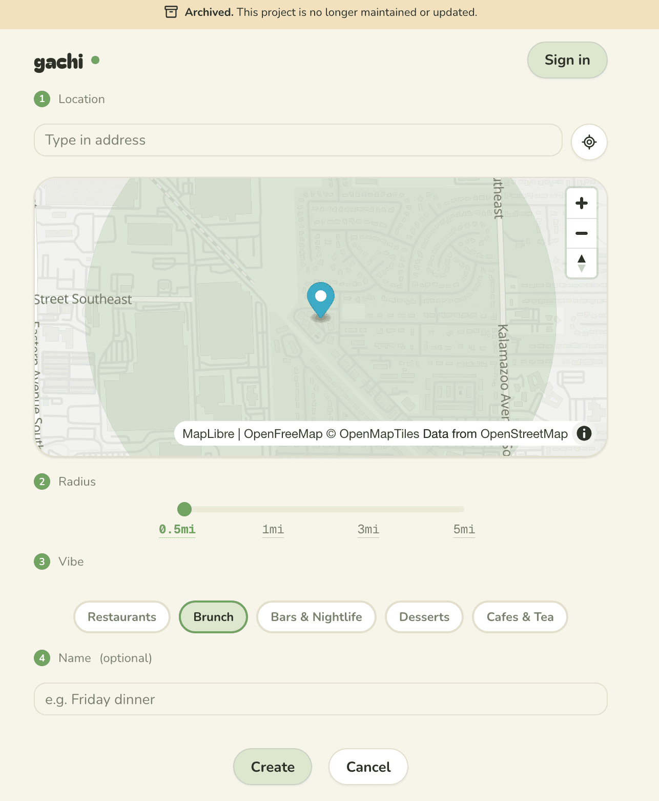 Gachi room setup with a map, search radius, and food preferences